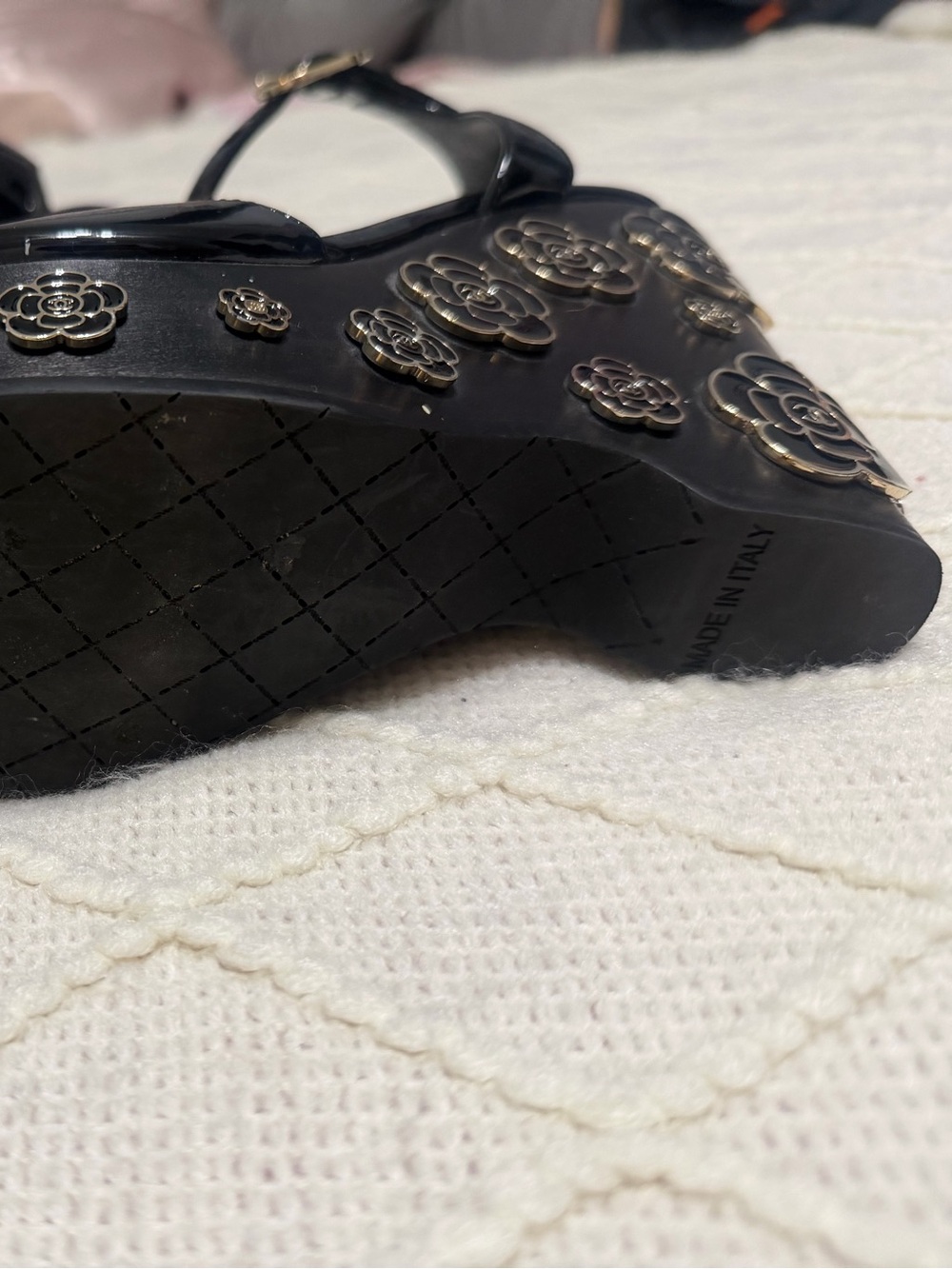 CHANEL Black Patent Leather Platform Sandals with Camellia Heel Accents - Picture 3 of 4